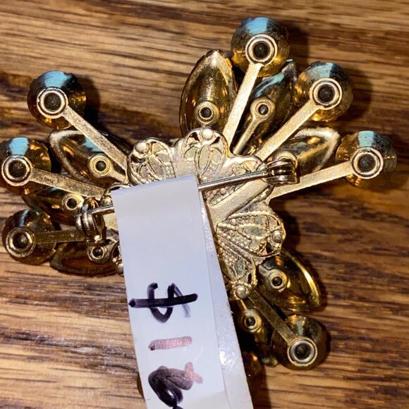 Vintage Green & Yellow Rhinestone Tri-Petaled Brooch - Picture 5 of 6